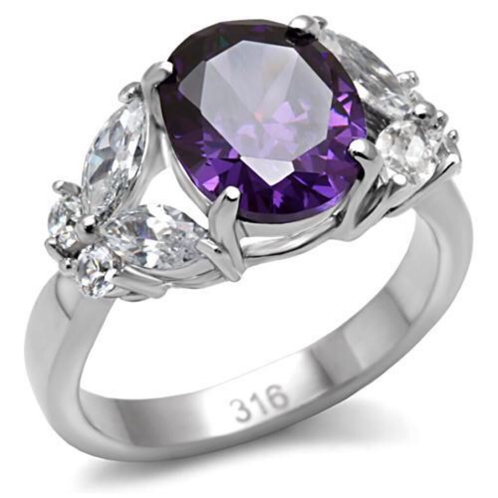 STAINLESS STEEL Simulated Amethyst Cz Ring With Butterfly Sides - Picture 13 of 16